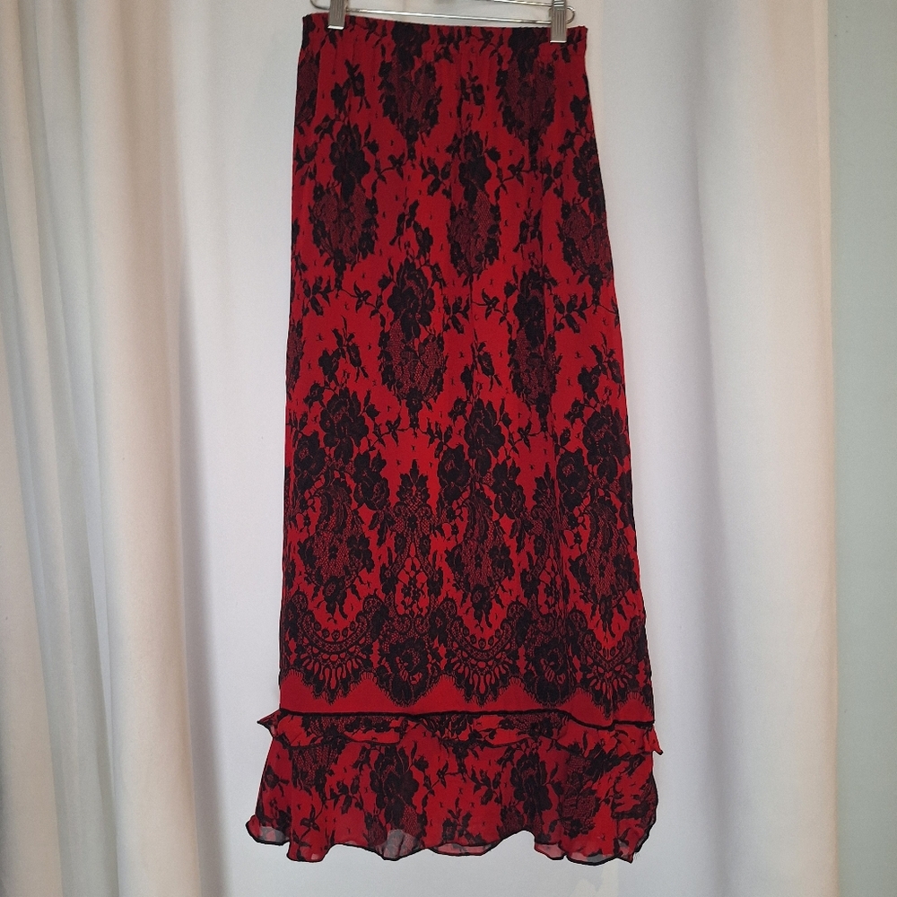 Hana Lori Vintage Elegant Red and Black Floral Lace Pattern Skirt